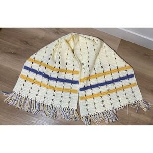 Hand-crocheted Cream Scarf  Yellow and Purple with Fringe‎